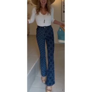 NWT Jaded London Retro Print Flare Jeans Blue Checkered Floral Skinny Flare W25